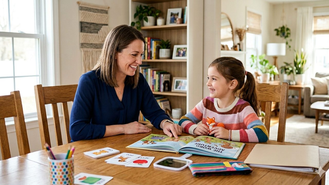 A speech-language pathologist working with a child on reading and language skills